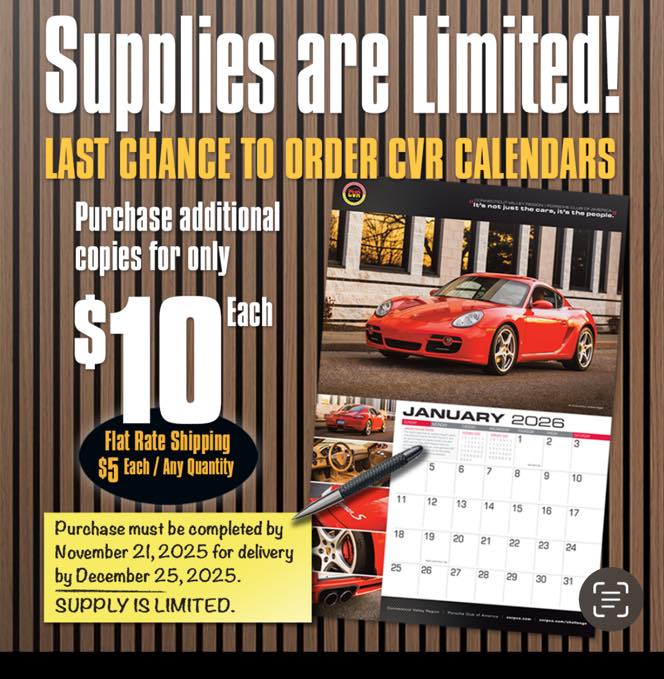 Last chance! Our 2026 CVR Calendars are almost gone.
Grab your copy for just $10 before supplies run out!

https://cvrpca.com/cvr-challenge-magazine-order-form/