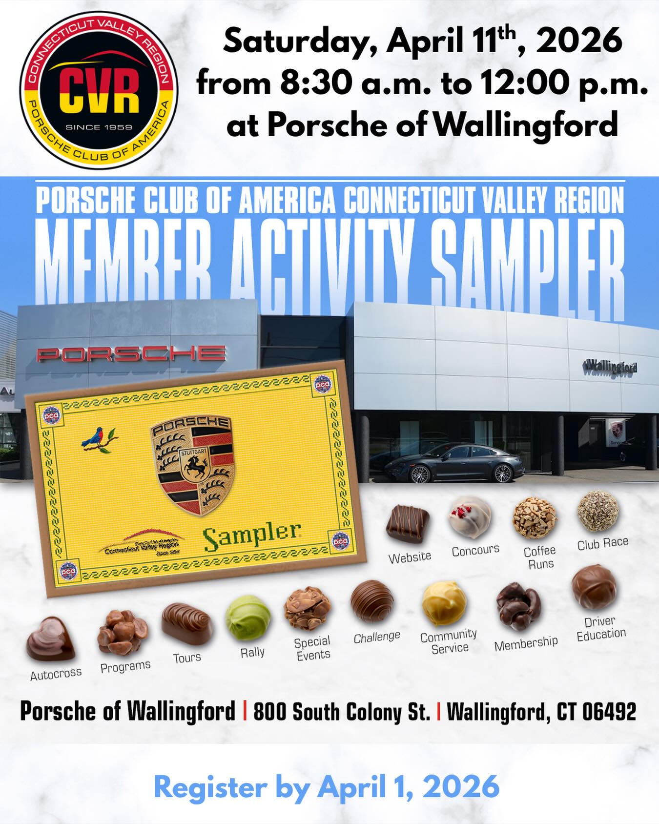 Join us for the Member Activity Sampler on Saturday, April 11, 2026, at Porsche of Wallingford.
Time: 8:30 AM - 12:00 PM

This event is ideal for new members. Meet fellow Porsche enthusiasts, connect with activity chairs, and learn about the club's activities.

✔️ Welcome remarks from CVR President Bob Napoletano
✔️ Overviews of major programs
✔️ Complimentary continental breakfast
✔️ Mini concours - show off your Porsche

$20 per person | Minors free

We look forward to meeting you! 
#cvrpca #pca